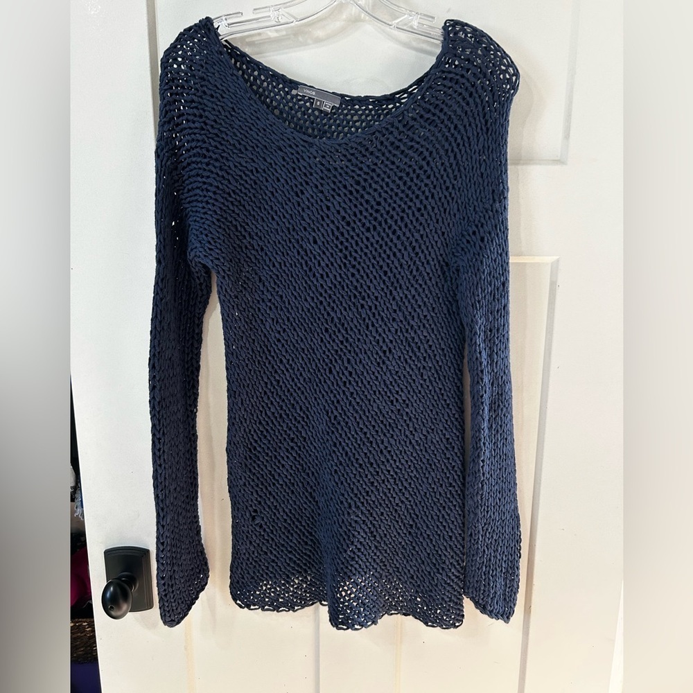Vince Deep Navy Blue Open Knit Long sleeve pull over coverup blouse Top
